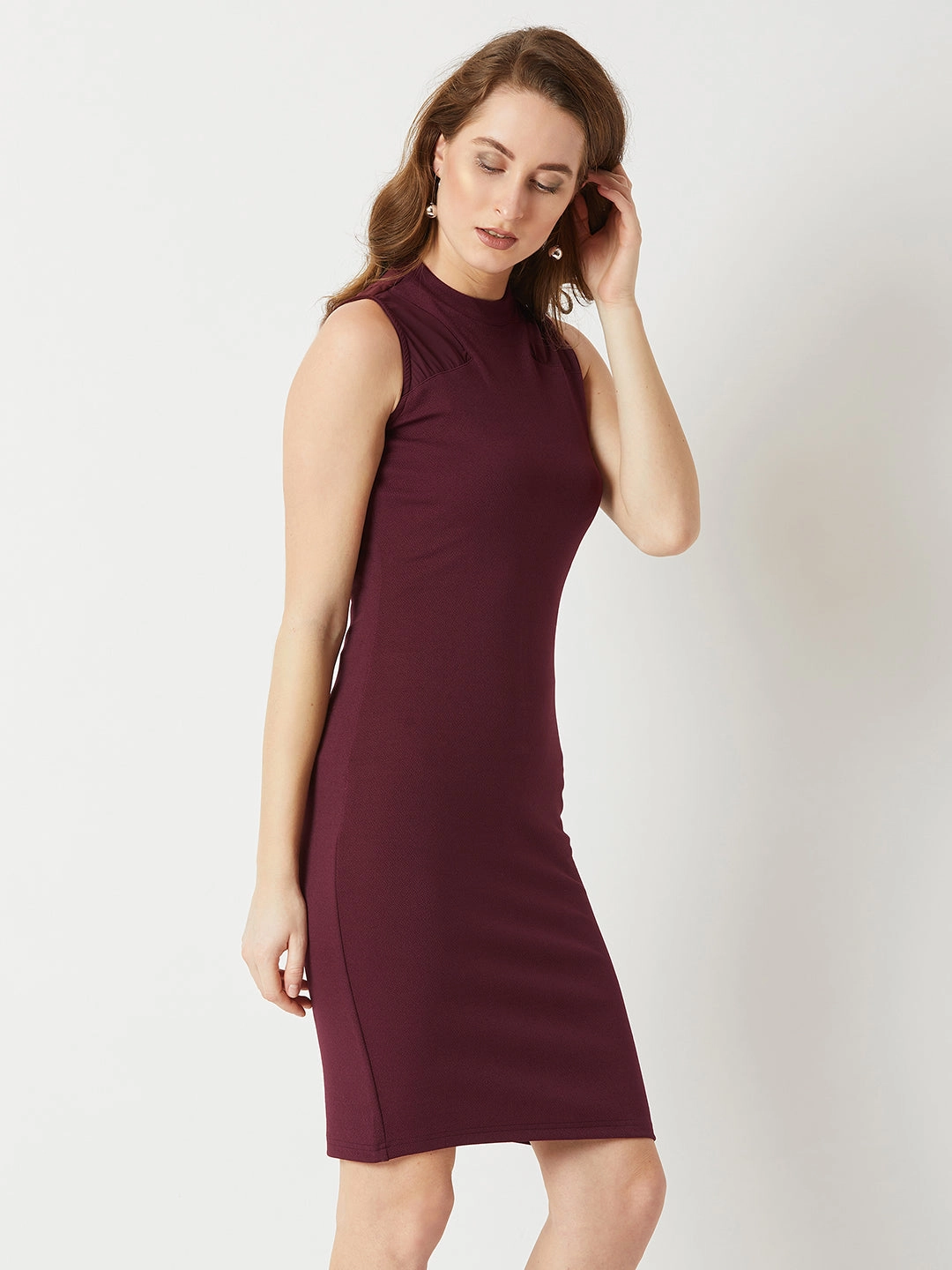 Women's Wine Red High Round Neck Sleeveless Solid Semi Sheer Detailing Paneled Bodycon Knee-Long Dress Velvet-Sleeve