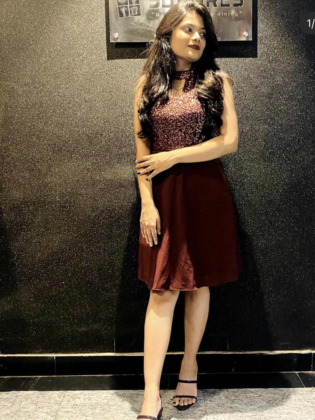 Fashionable Layers Women's Wine Red Round Neck Sleeveless Solid Sequin Flowy Knee-Long Skater Dress