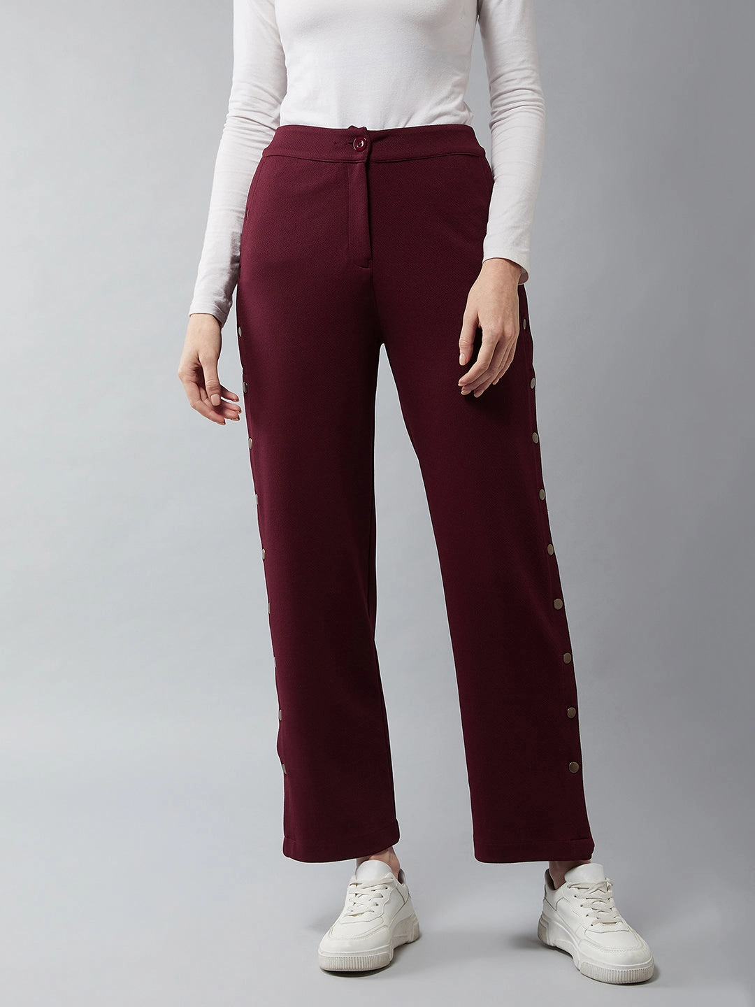 Women's Wine Red Solid Regular Fit Flared Trousers RegularFit