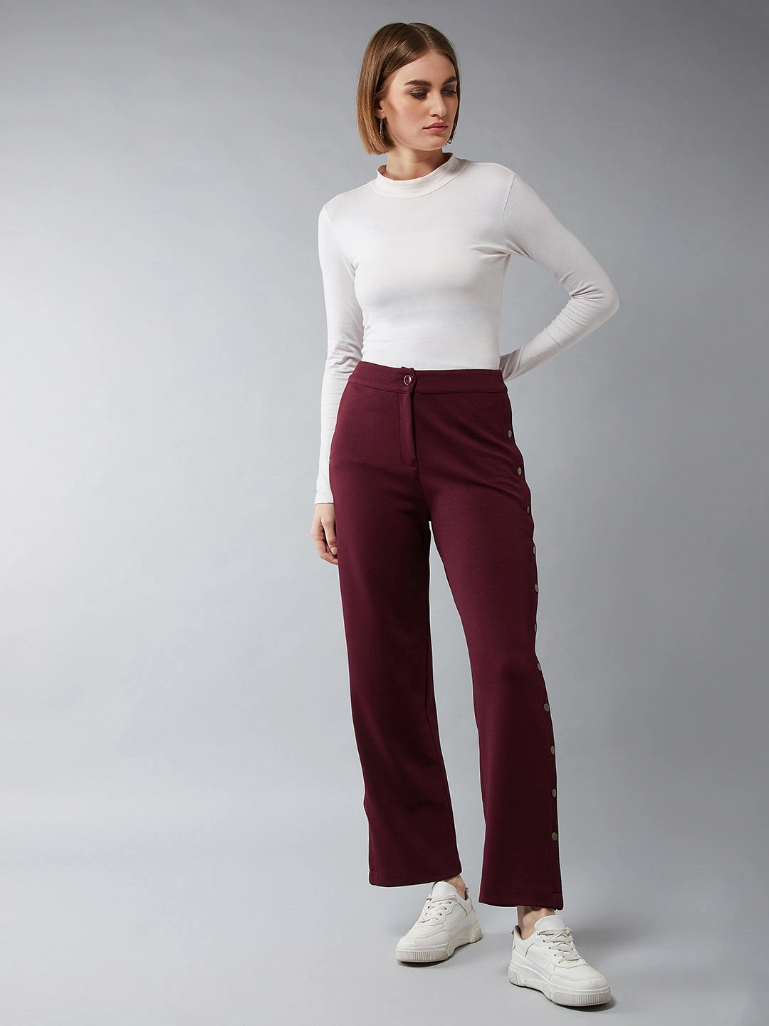 Form Fitting Comfort Base Women's Wine Red Solid Regular Fit Flared Trousers