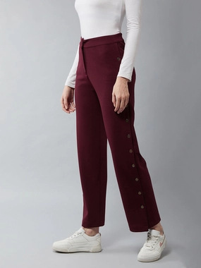Women's Wine Red Solid Regular Fit Flared Trousers Tear Resistant