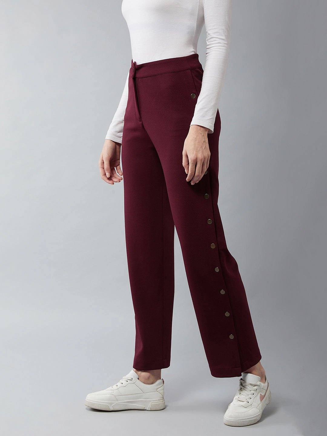 Women's Wine Red Solid Regular Fit Flared Trousers Tear Resistant