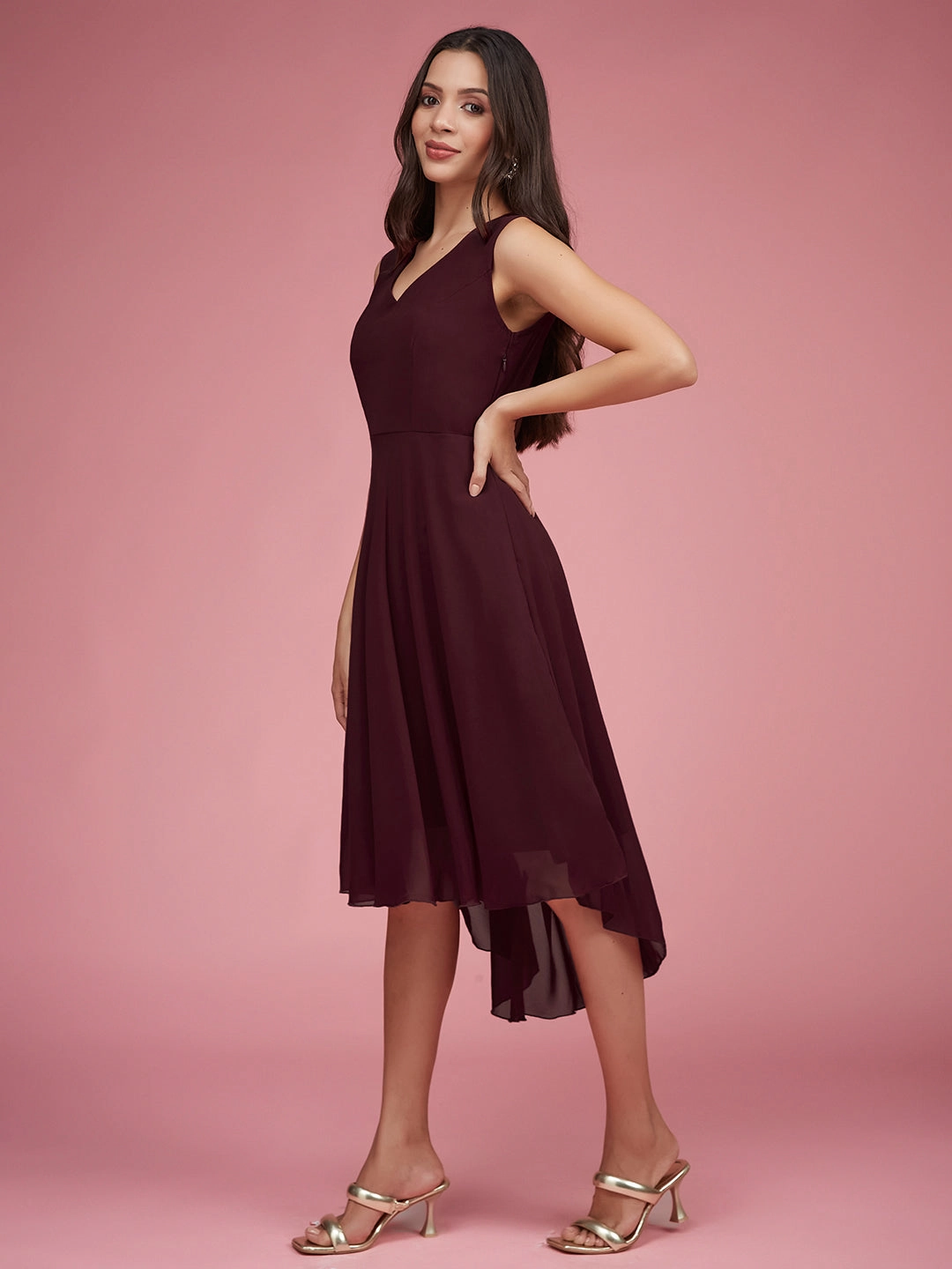 Women's Wine Red V-Neck Sleeveless Solid High-Low Midi Skater Dress A Line Cut Light Attitude