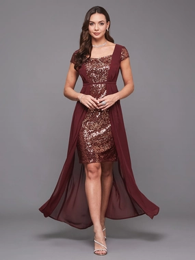 Women's Wine Sequined Fit & Flare Maxi Party Dress Work Chic