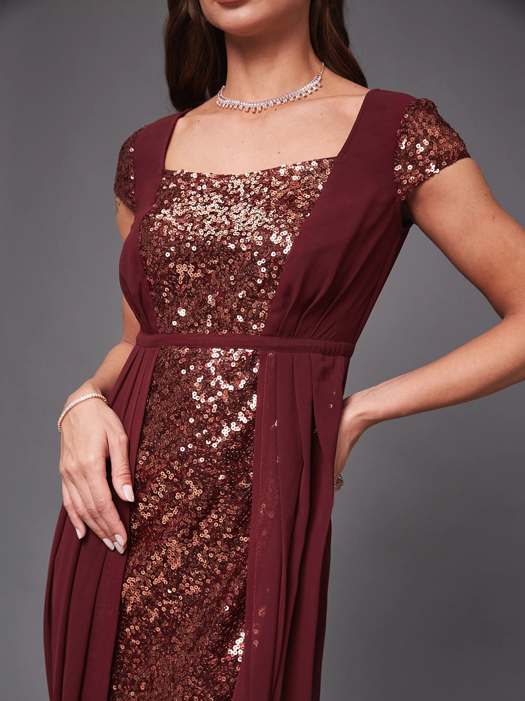 Women's Wine Sequined Fit & Flare Maxi Party Dress Relax Motion