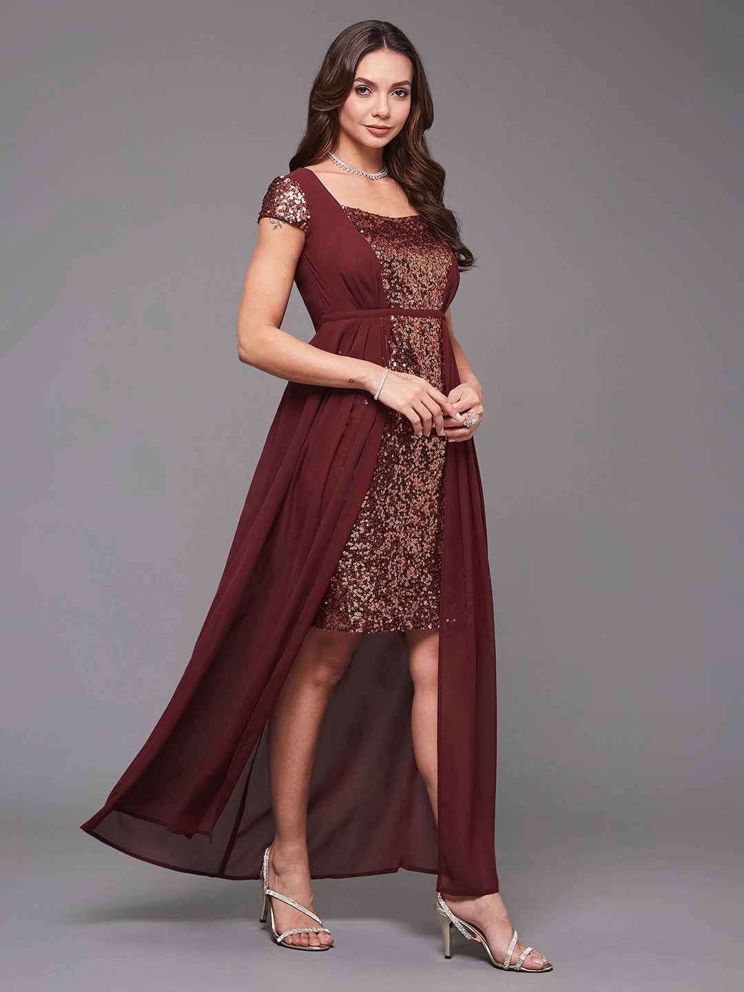 Printed-Fabric Women's Wine Sequined Fit & Flare Maxi Party Dress