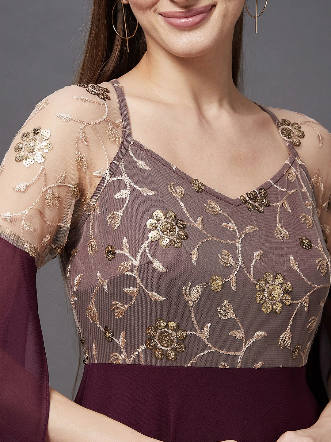 Shared Moment Timeless fitted silhouette Women's Wine Sequined V-Neck Flared Embroidered Fit & Flare Party Maxi Dress