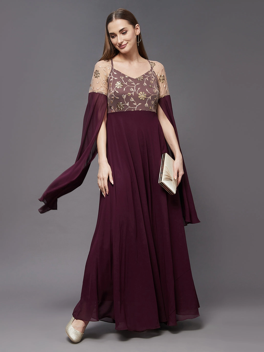 Women's Wine Sequined V-Neck Flared Embroidered Fit & Flare Party Maxi Dress Perfectly Fitted