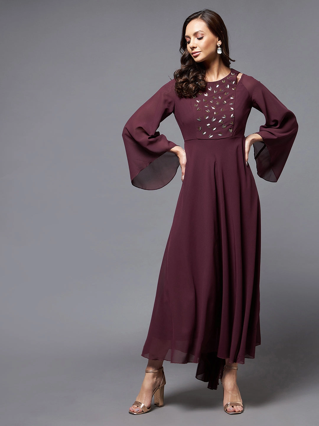 Women's Wine Shoulder Cut-out Embroidered Maxi Dress Timeless office dress Travel-Style