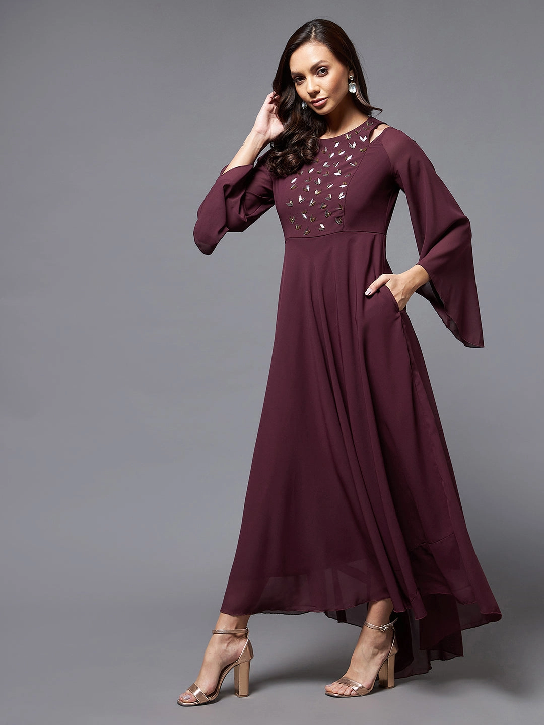 Casual Waist Women's Wine Shoulder Cut-out Embroidered Maxi Dress