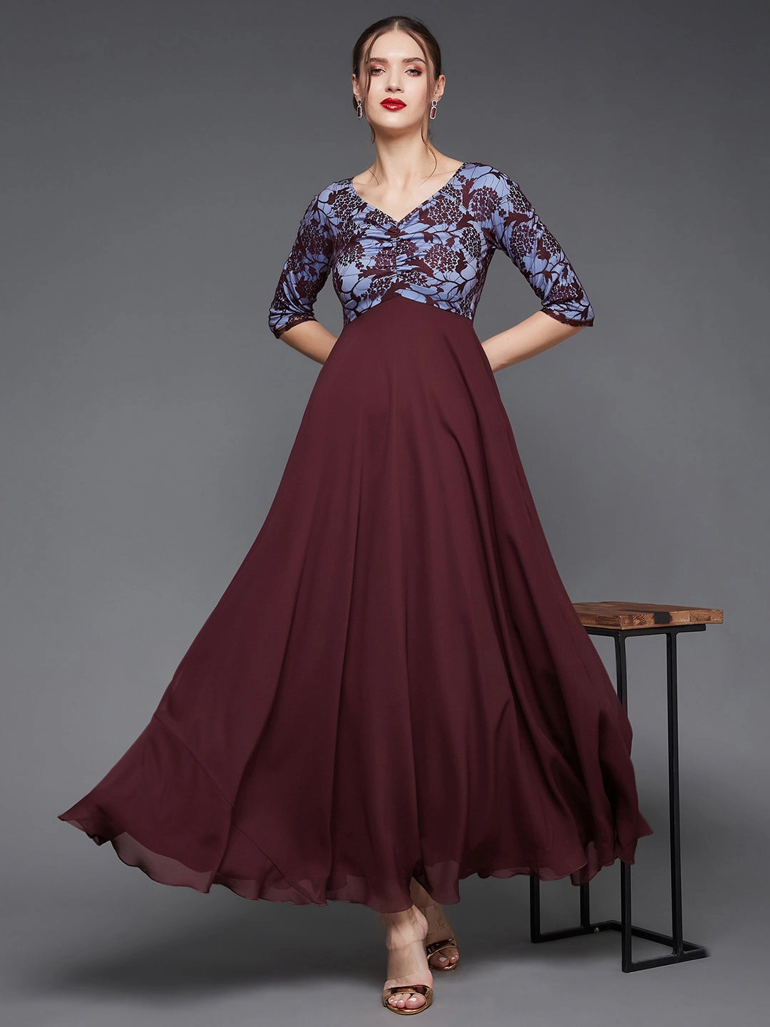 Dark Tones Women's Wine Sweet heart neck 3/4 Sleeve Self Design Fit & Flare Maxi Dress
