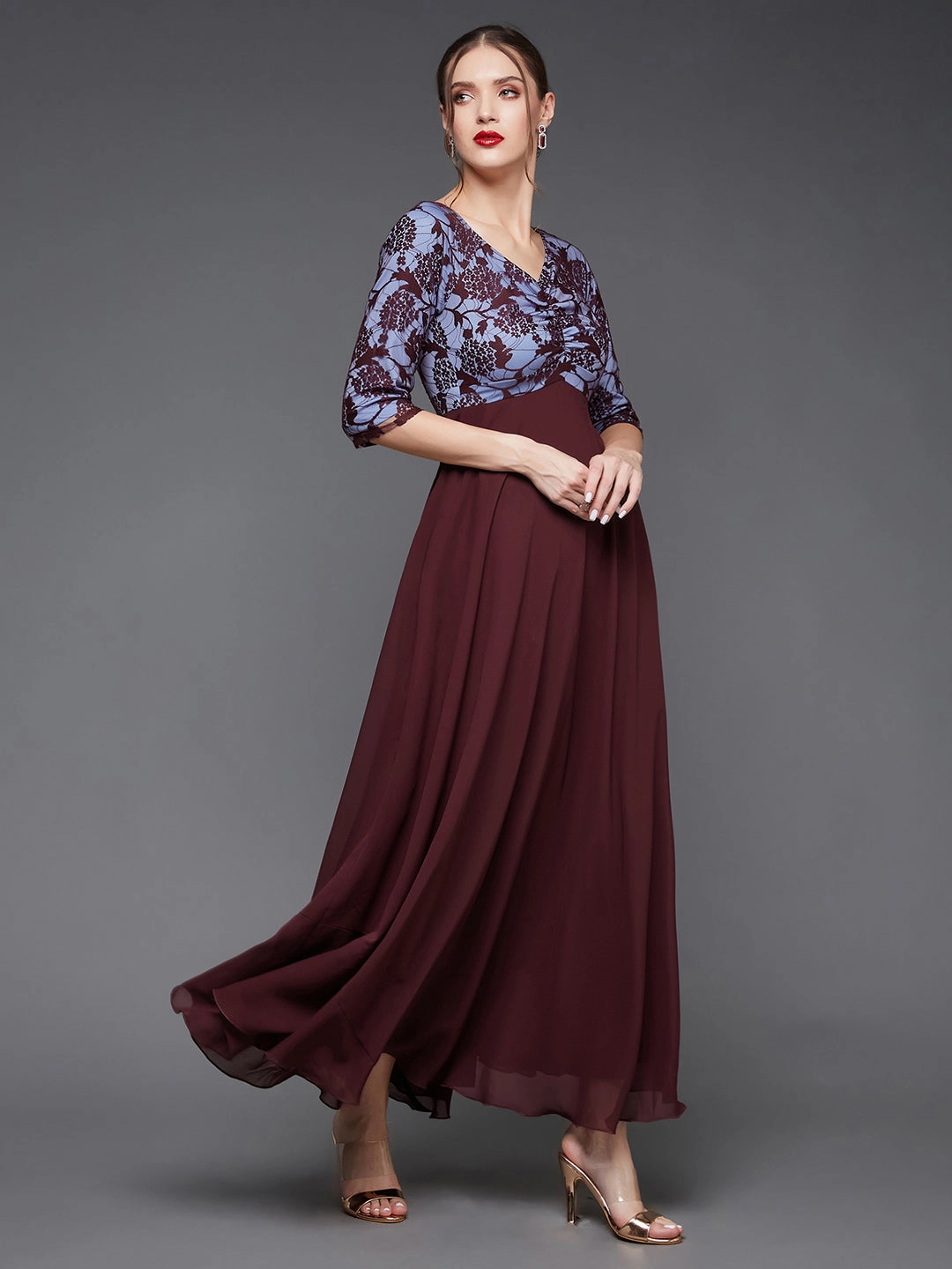 Women's Wine Sweet heart neck 3/4 Sleeve Self Design Fit & Flare Maxi Dress Stain-Resistant