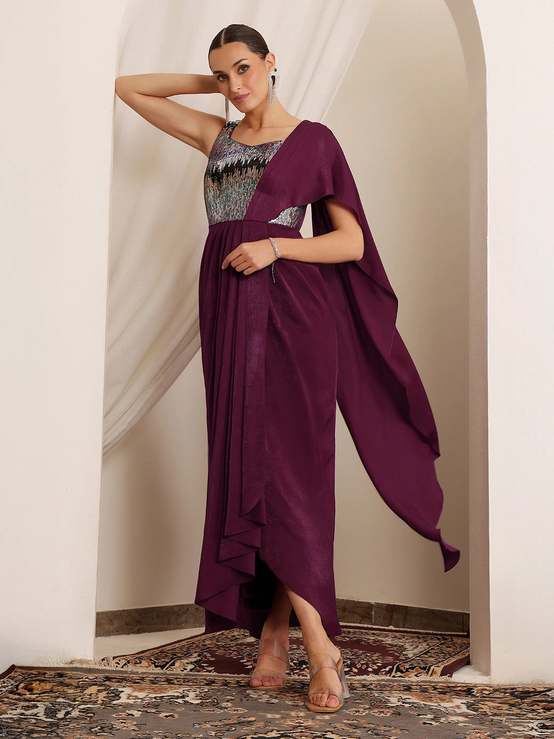 ConvertibleNeckline Women's Wine Sweetheart Sleeveless Embellished Pleated Satin Maxi Dress