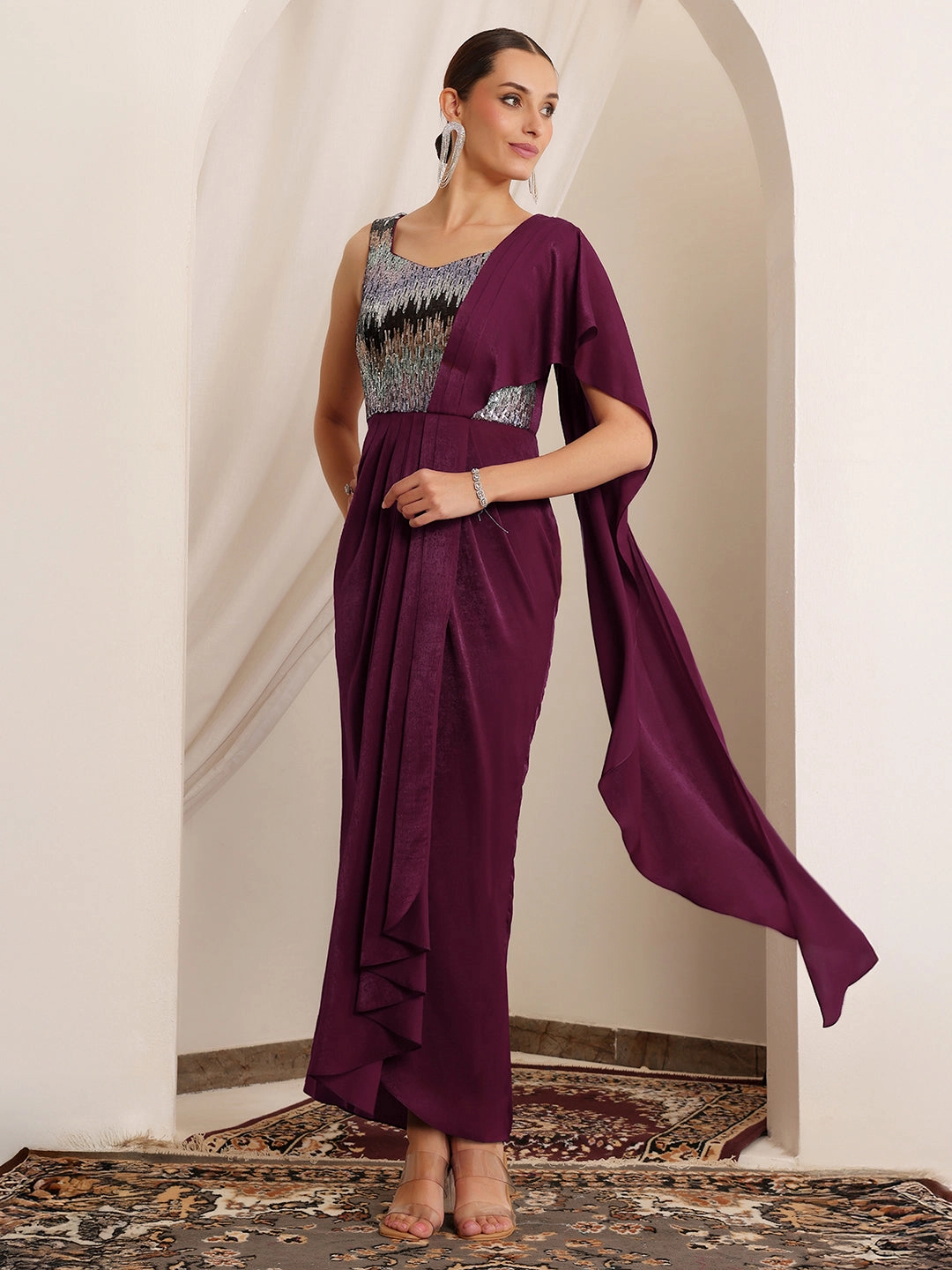 Euro Ease perfect for events Women's Wine Sweetheart Sleeveless Embellished Pleated Satin Maxi Dress