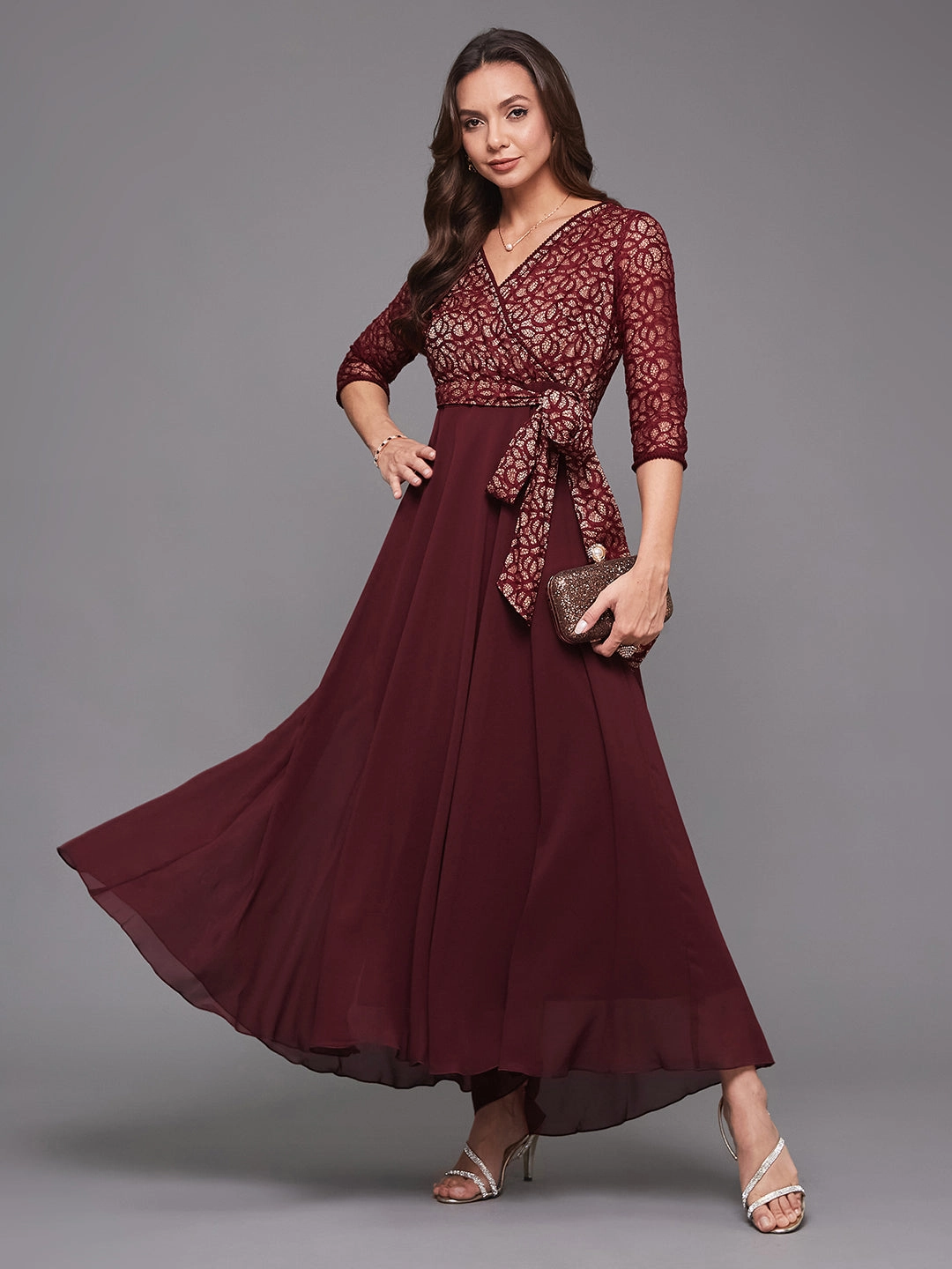 Villa Light Timeless Trend Women's Wine V-Neck 3/4 Sleeve Floral Wrap Georgette Maxi Dress