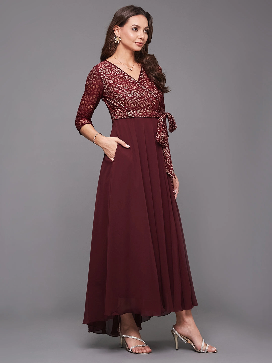 Flattering Layers Women's Wine V-Neck 3/4 Sleeve Floral Wrap Georgette Maxi Dress