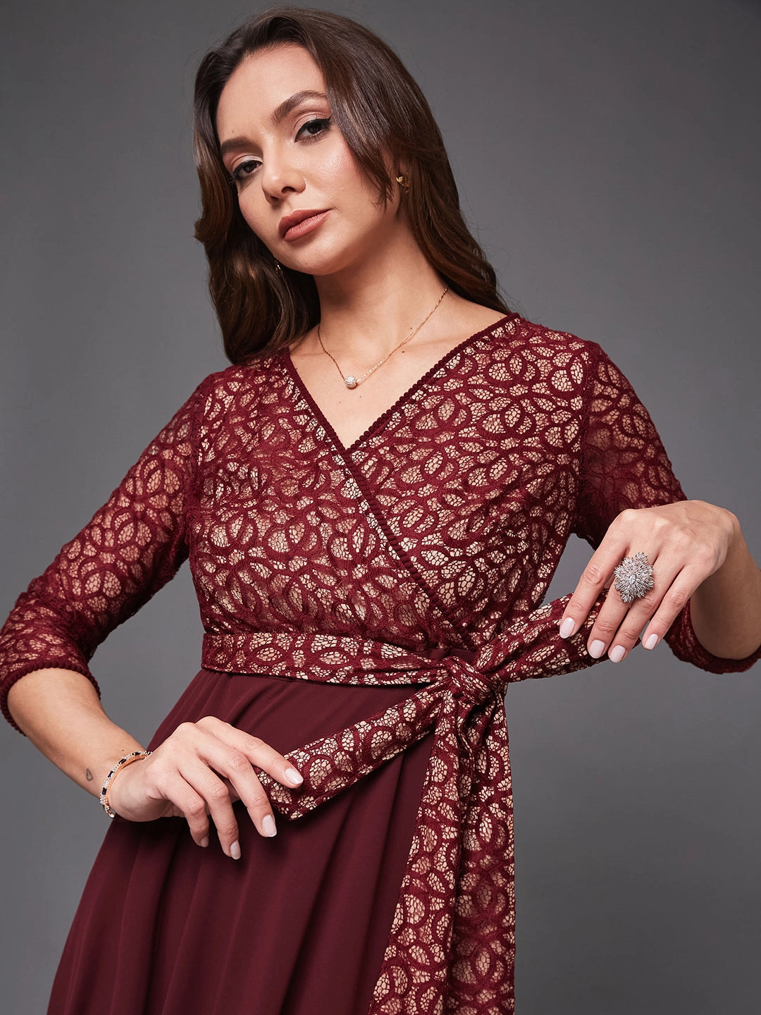 Women's Wine V-Neck 3/4 Sleeve Floral Wrap Georgette Maxi Dress Subtle Drape