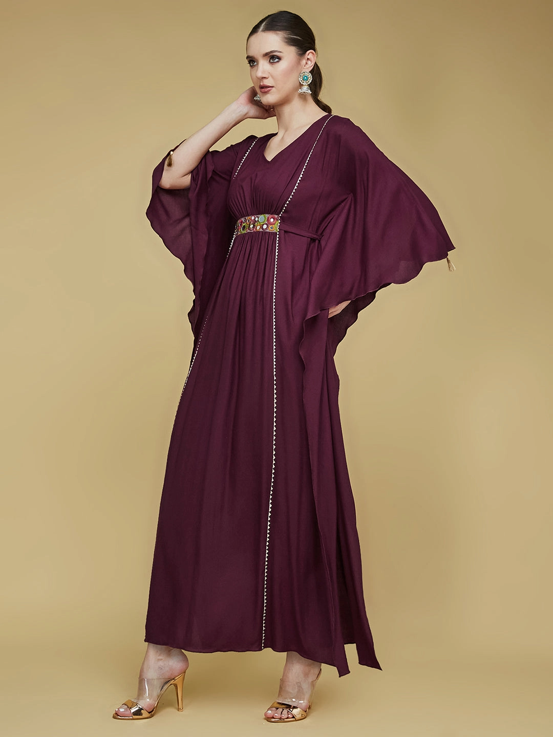 Studio Style Women's Wine V-Neck 3/4 Sleeve Solid Viscose Rayon Maxi Kaftan Dress
