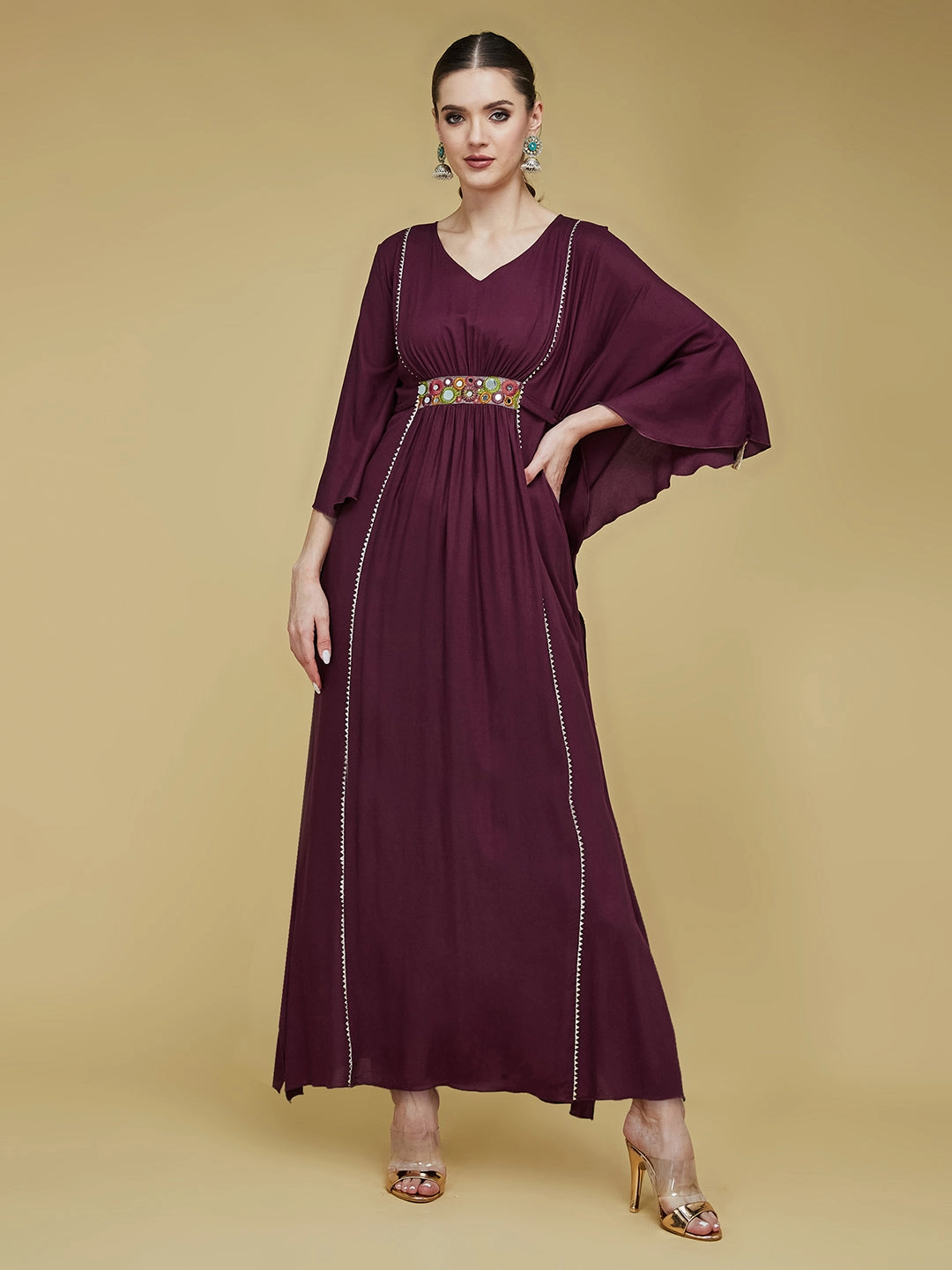Women's Wine V-Neck 3/4 Sleeve Solid Viscose Rayon Maxi Kaftan Dress Bless Glow Edgy-Look