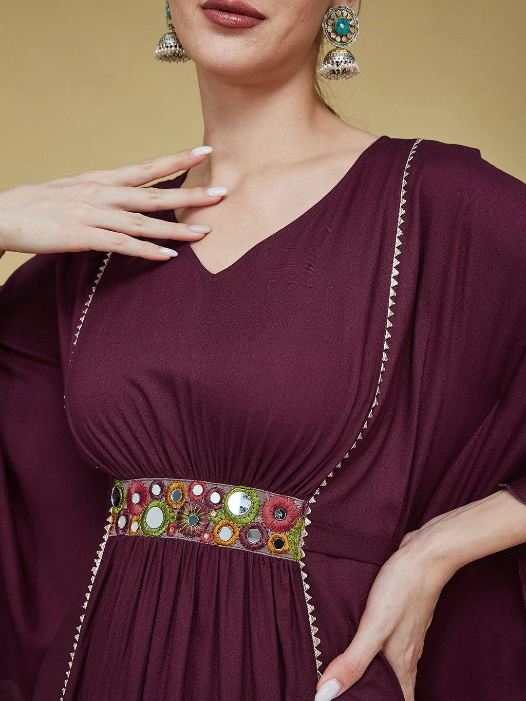 Breathable Wearable Women's Wine V-Neck 3/4 Sleeve Solid Viscose Rayon Maxi Kaftan Dress