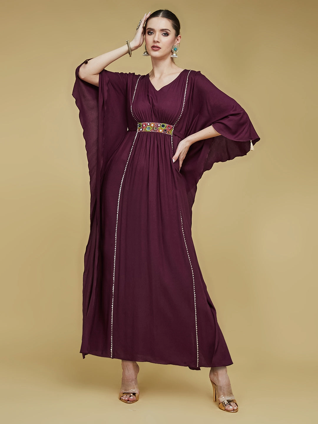 Women's Wine V-Neck 3/4 Sleeve Solid Viscose Rayon Maxi Kaftan Dress Breathable Scoop-Neck