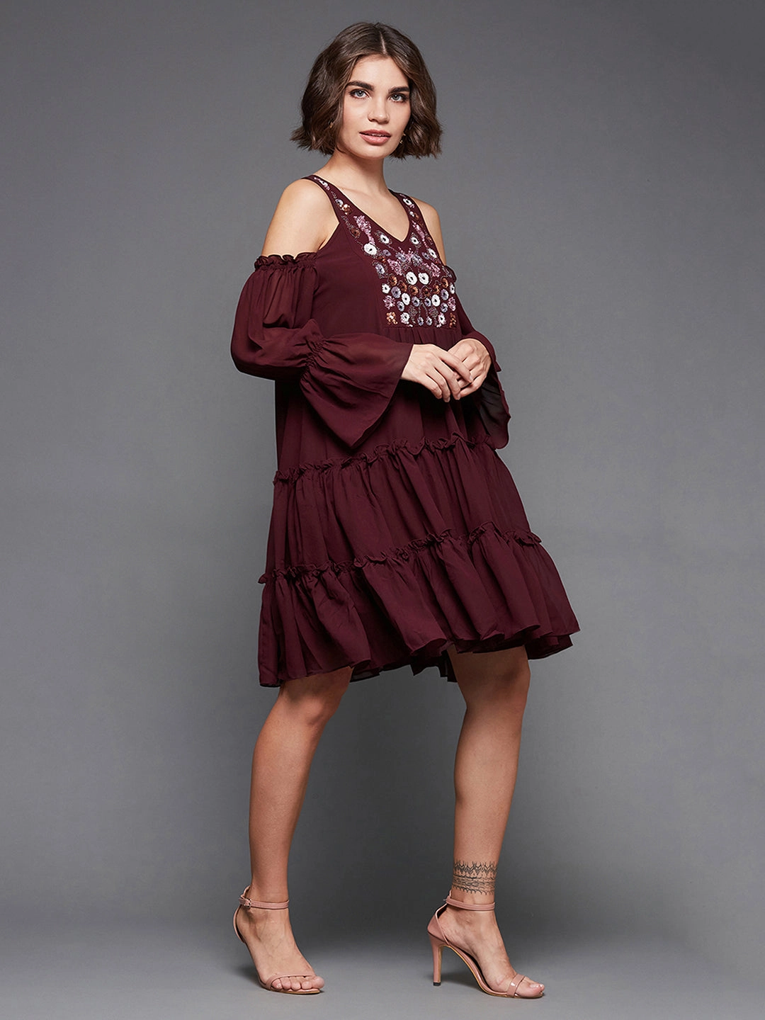 Women's Wine V-neck Cold Shoulder Solid Embellished Knee Length Dress Smart Layers Minimal Motion