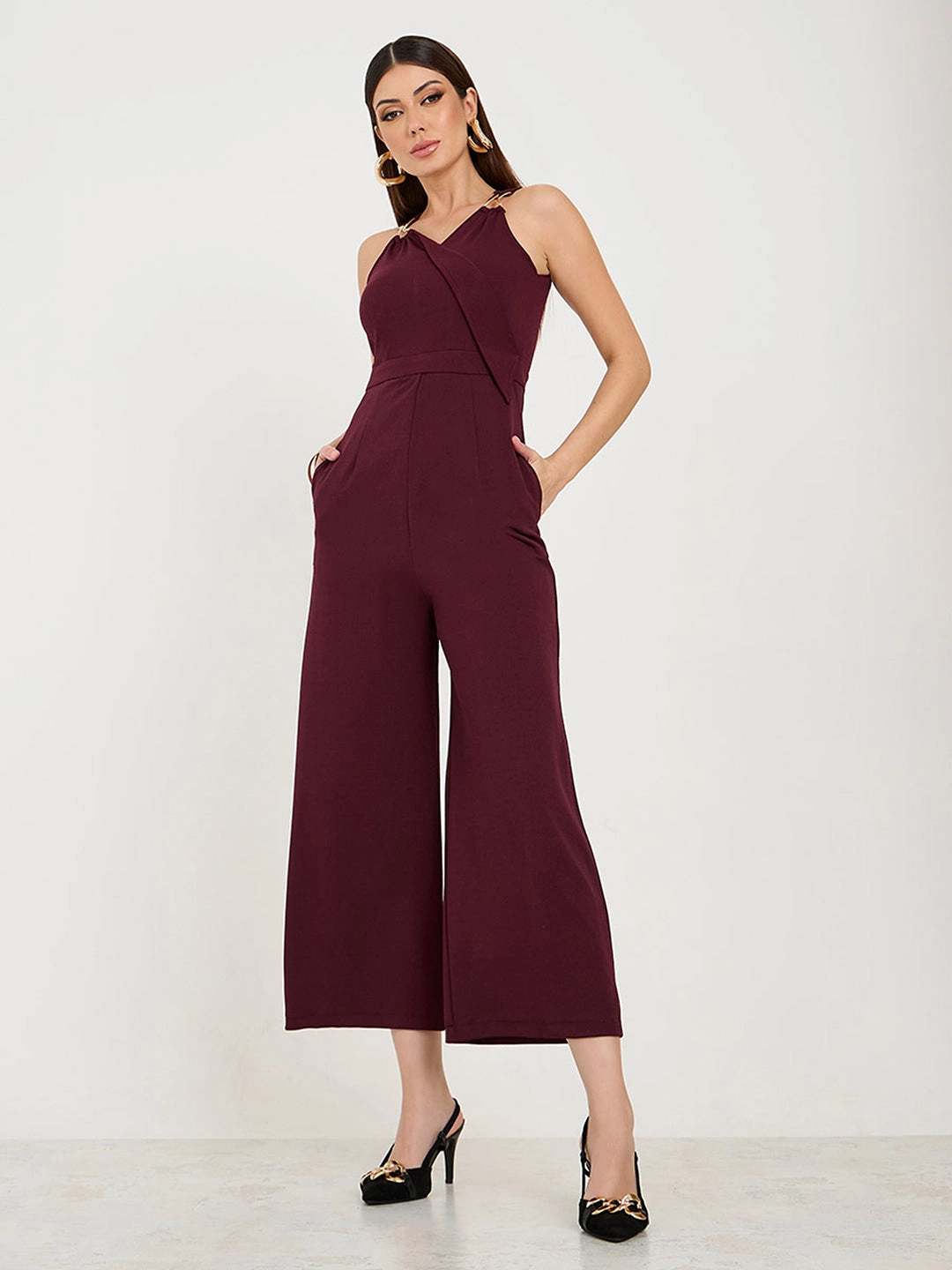 Zip Closure Sleek Fit Women's Wine V-Neck Sleeveless Solid Wrap Regular Jumpsuit