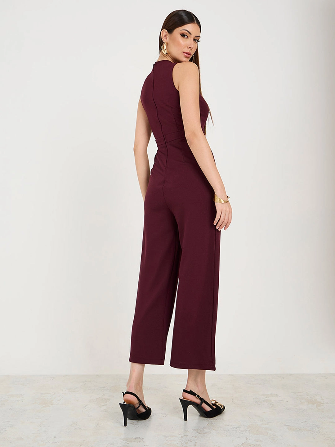 Women's Wine V-Neck Sleeveless Solid Wrap Regular Jumpsuit Urban Aesthetic