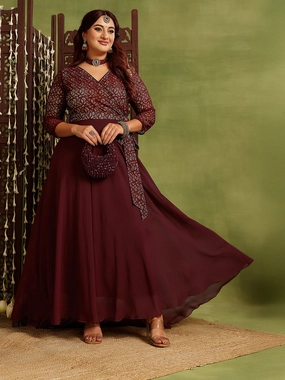 Elegant brunch outfit Women's Wine V-Neck Three-Quarters Sleeve Floral Wrap Georgette Maxi Dress