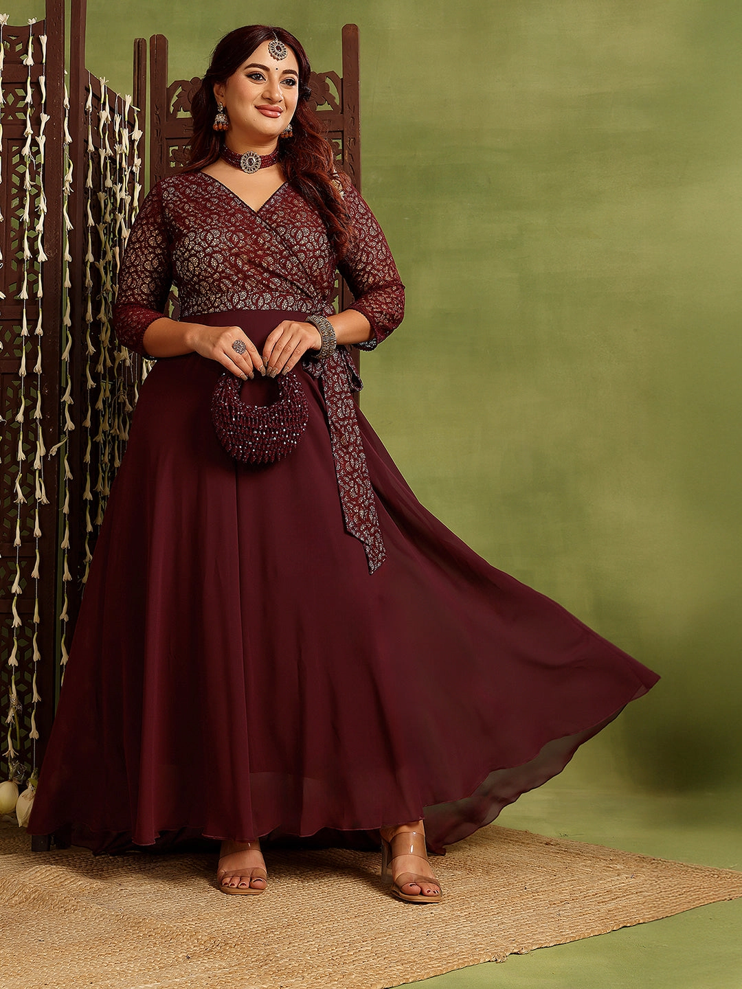 Elegant brunch outfit Women's Wine V-Neck Three-Quarters Sleeve Floral Wrap Georgette Maxi Dress