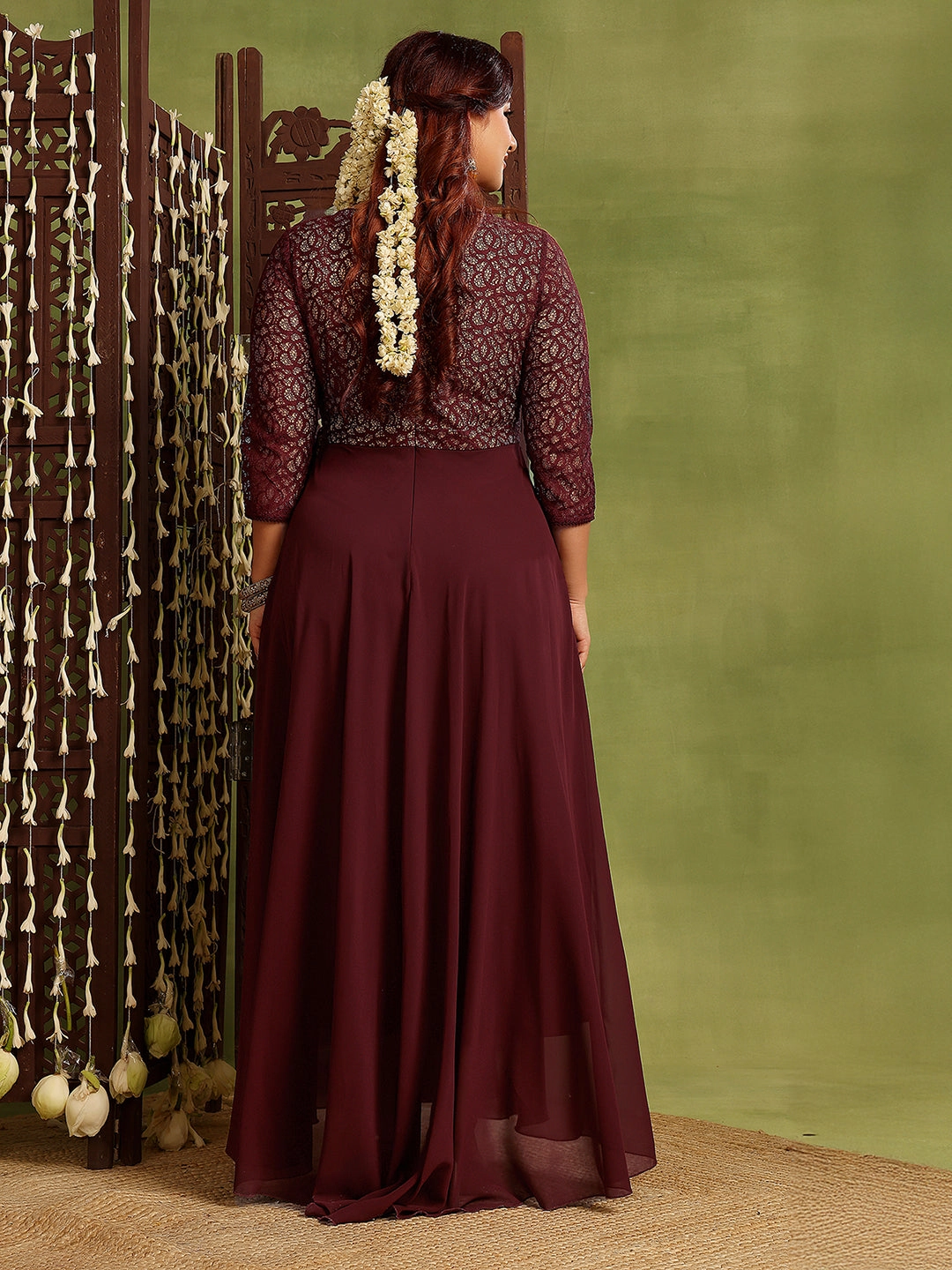 Travel-friendly Women's Wine V-Neck Three-Quarters Sleeve Floral Wrap Georgette Maxi Dress