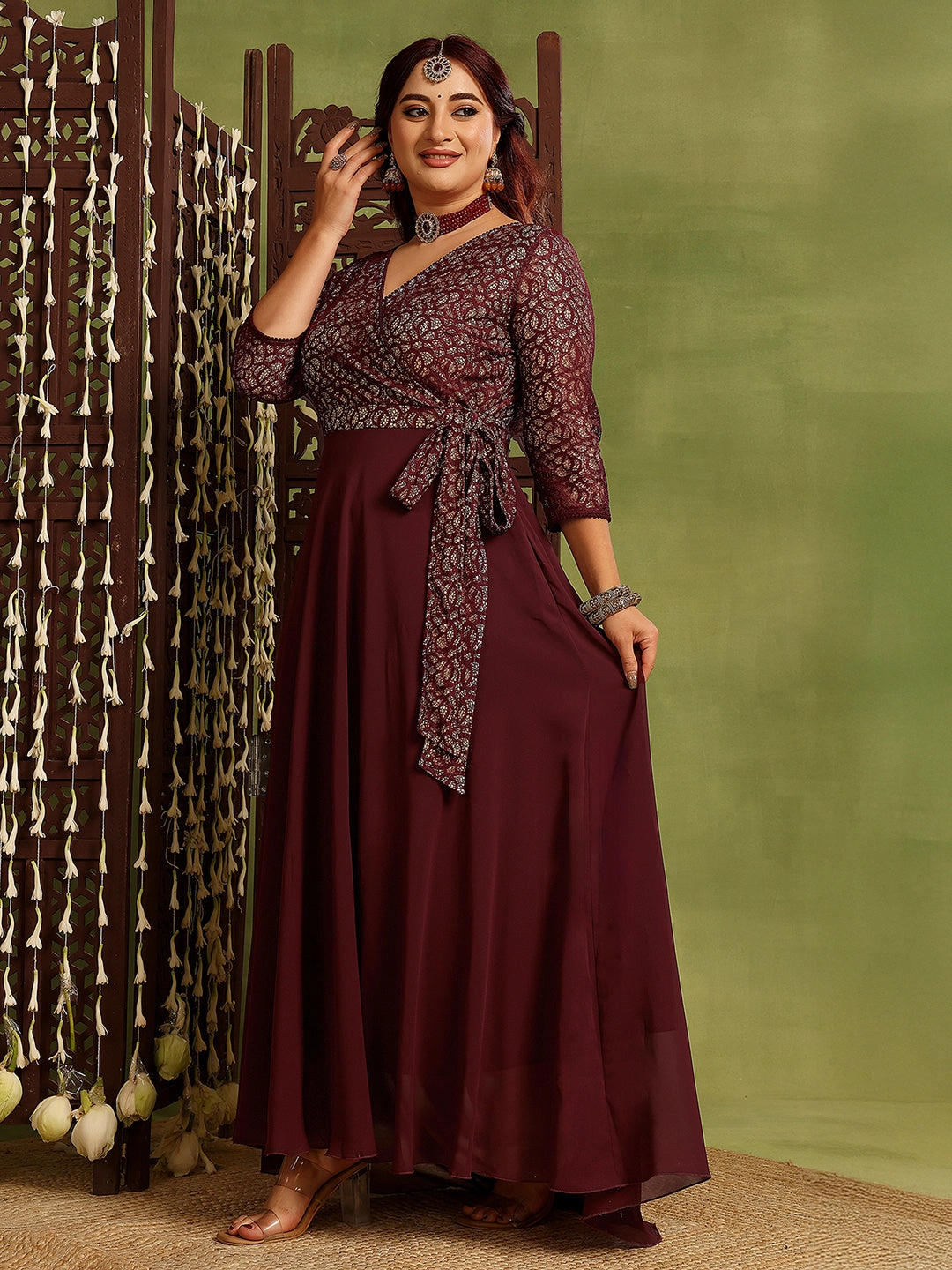 Silky Surface Women's Wine V-Neck Three-Quarters Sleeve Floral Wrap Georgette Maxi Dress