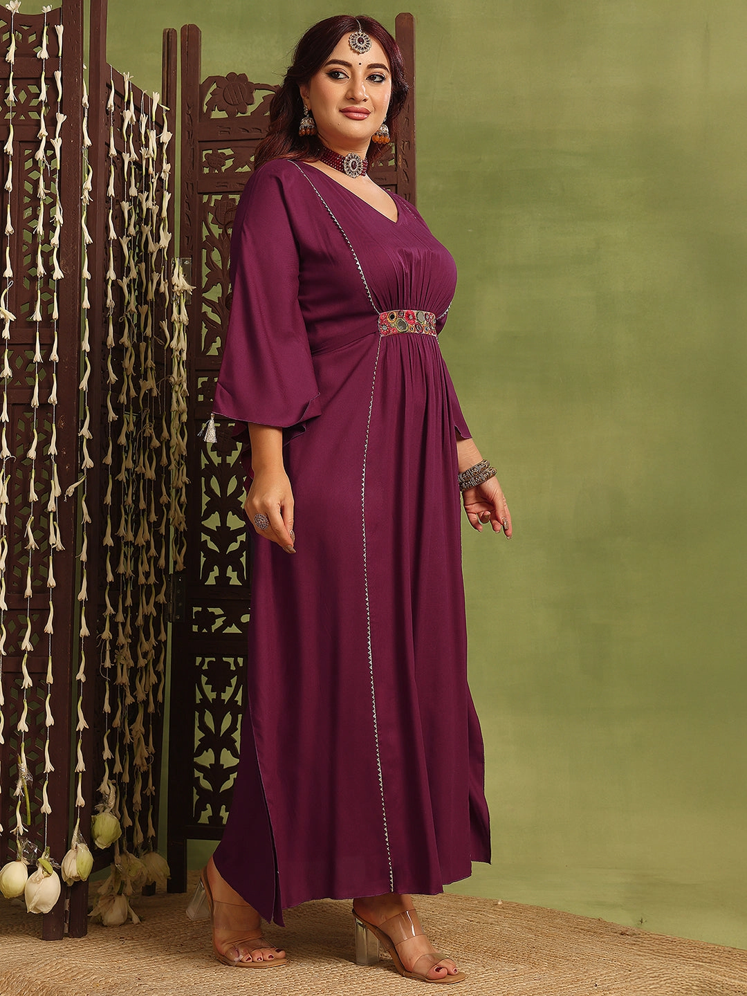 Women's Wine V-Neck Three-Quarters Sleeve Solid Viscose Rayon Maxi Kaftan Dress Lace Fine