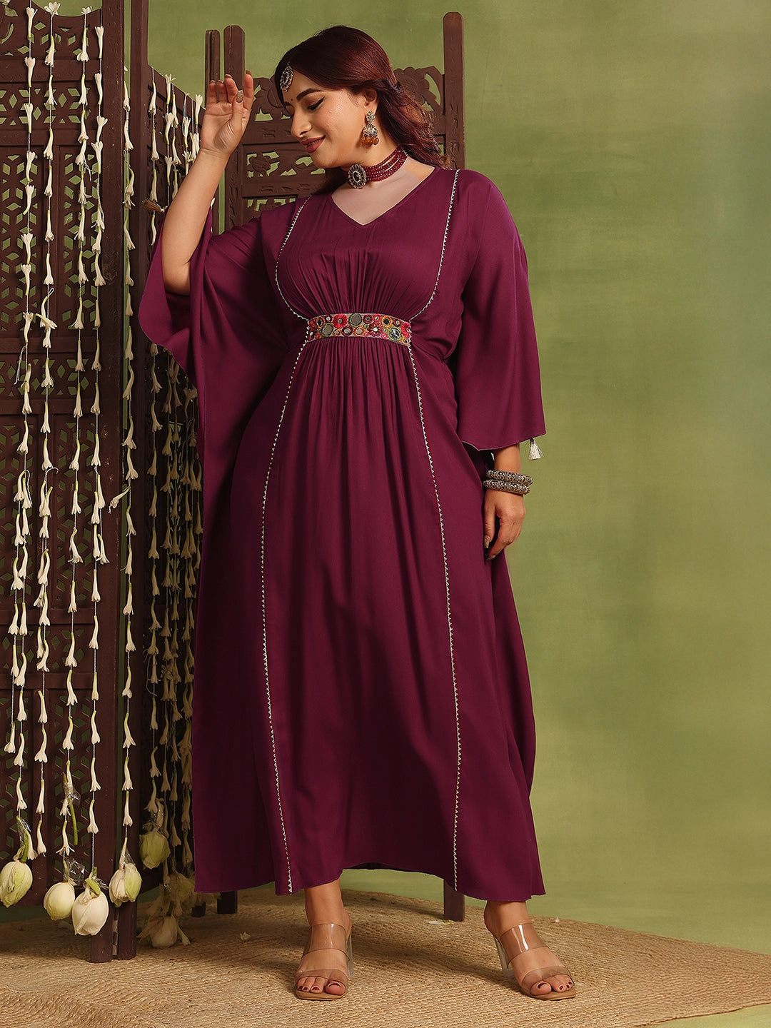 Boho Tone Fresh Look Women's Wine V-Neck Three-Quarters Sleeve Solid Viscose Rayon Maxi Kaftan Dress