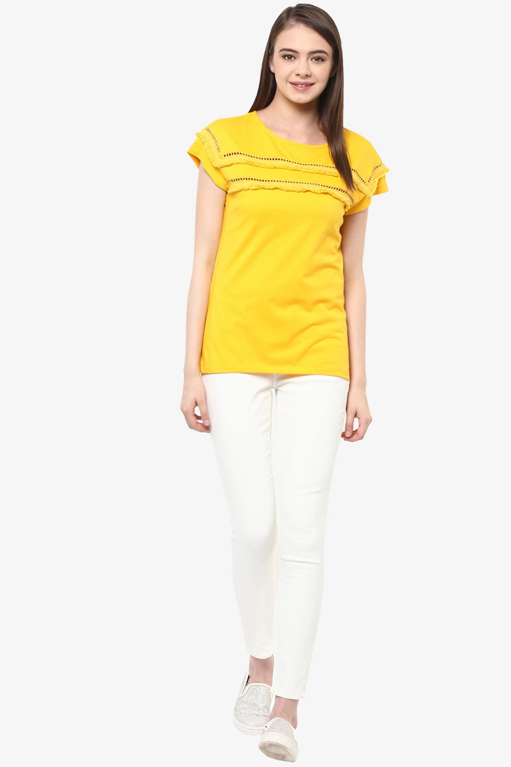 Women's Yellow Continuous Sleeve Round Neck Solid Paneled Top Seamless Design