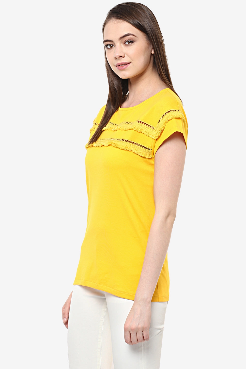 Durable Reinforced Shoulders Women's Yellow Continuous Sleeve Round Neck Solid Paneled Top