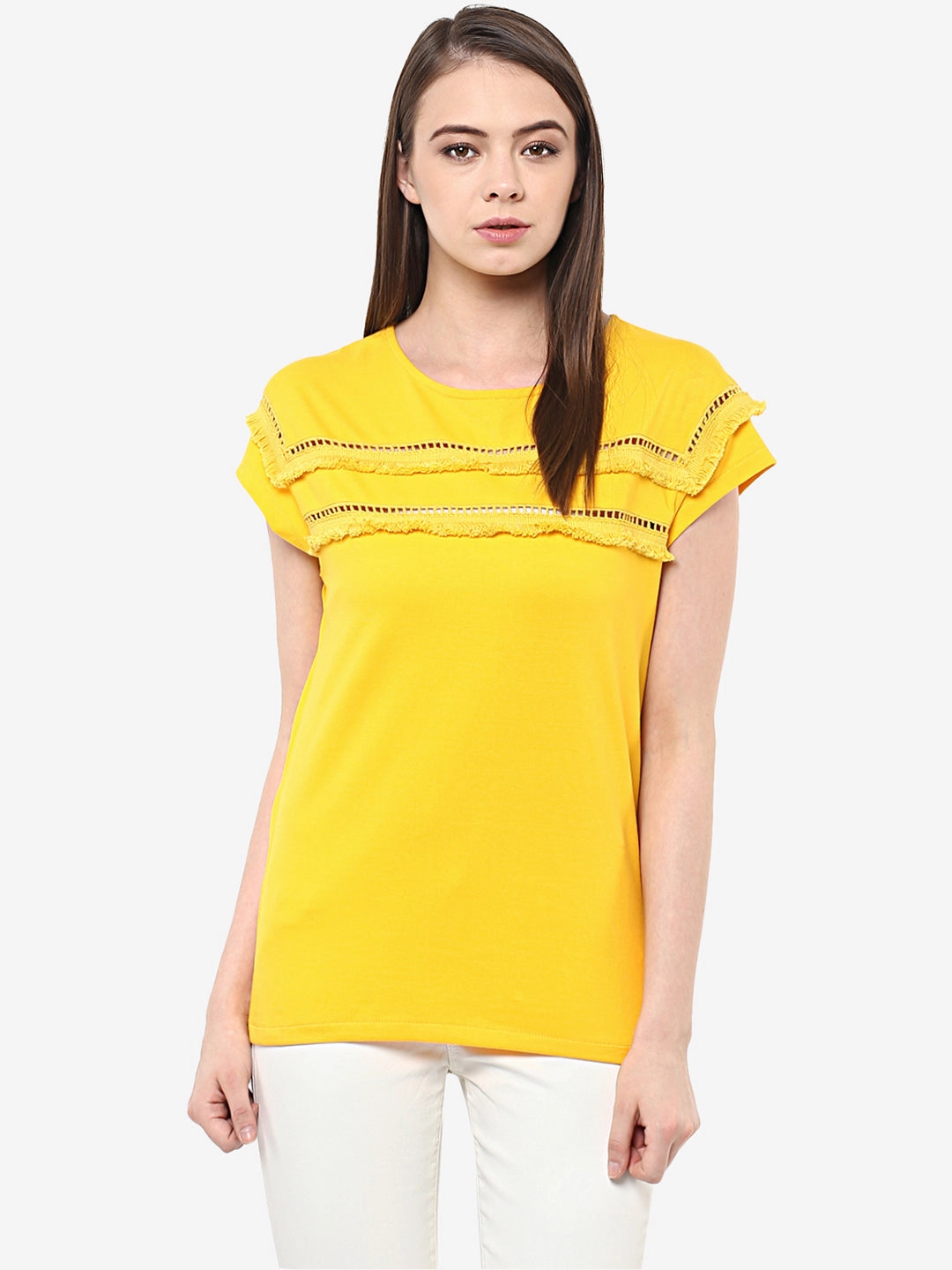 Eco friendly materials Women's Yellow Continuous Sleeve Round Neck Solid Paneled Top