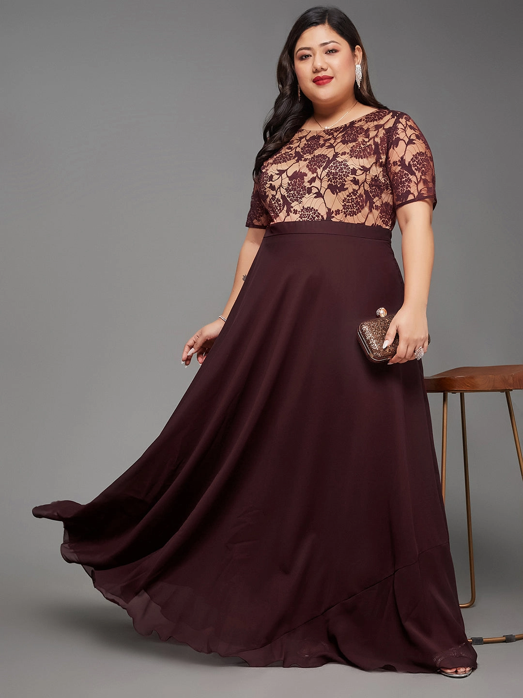 Body Bliss Wine & Beige Relaxed Fit Regular Georgette Dress Empire-Waist Travel piece