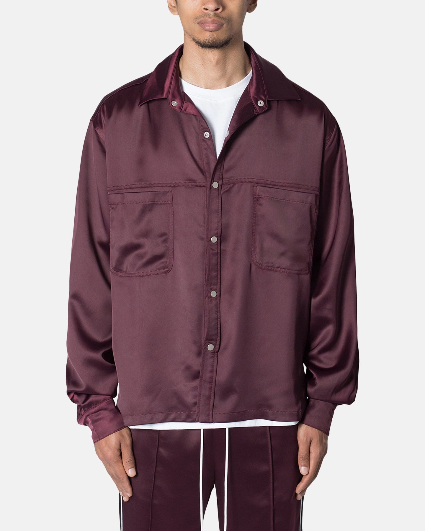 Tencel Cotton Hybrid Weave Easy Fit MNML Studded Pajama Shirt Burgundy