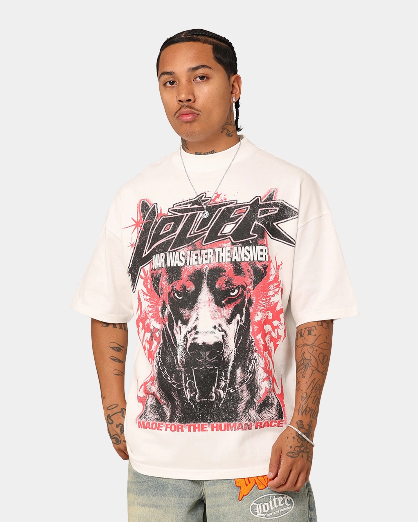 Loiter Dog Tag Oversized T-Shirt Off White Stretch Woven Material