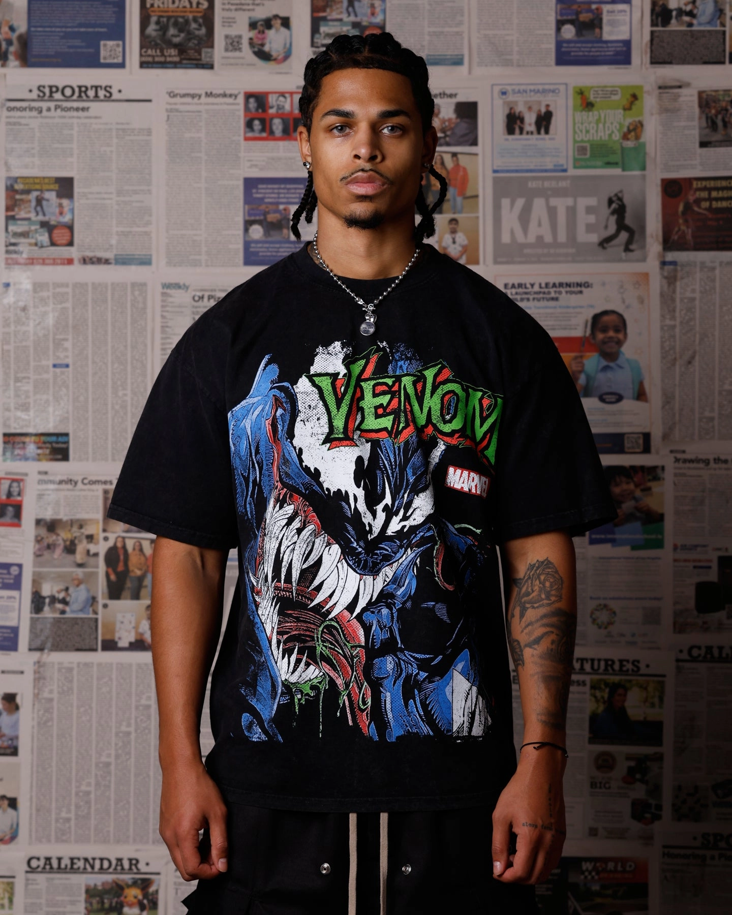 Goat Crew Marvel Venom Eddie Brock T-Shirt Black Acidwash Tailored Seams HiddenStoragePocket