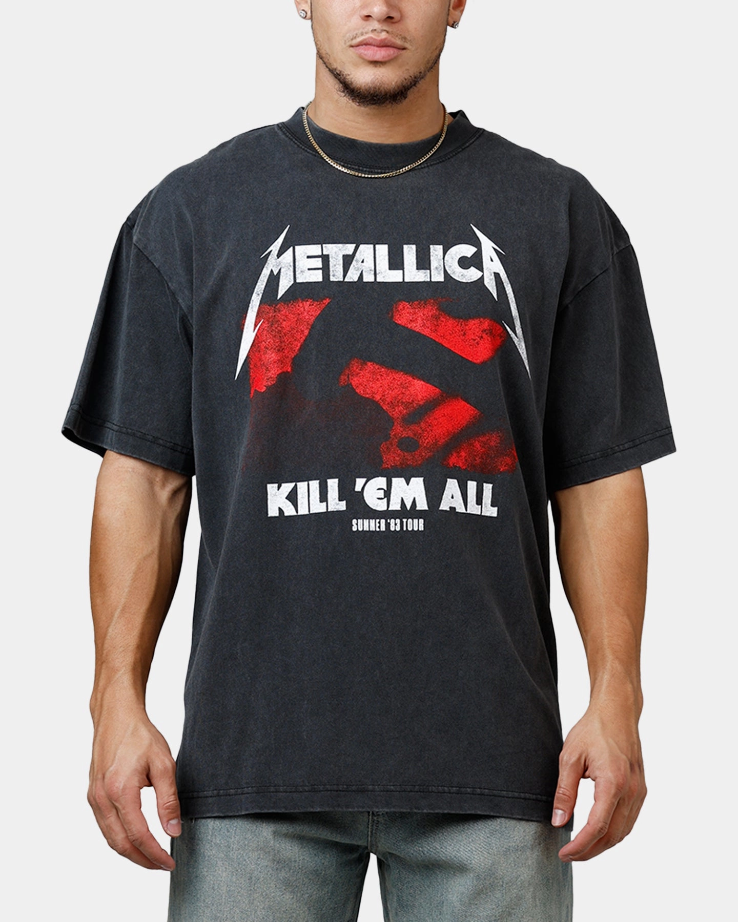 Contrast Stitch Detail ElasticEdgeBinding Merch Traffic Metallica 1983 Tour T-Shirt Washed Black