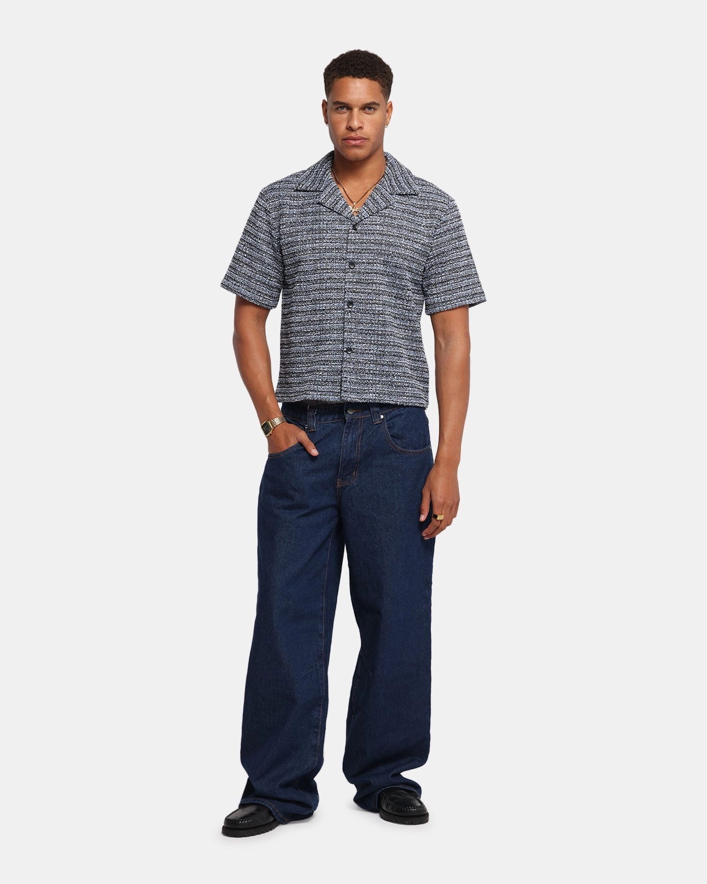 ThermalLining Hot Weather XXIII Boucle Tweed Crop Button Up Shirt Black/White/Blue