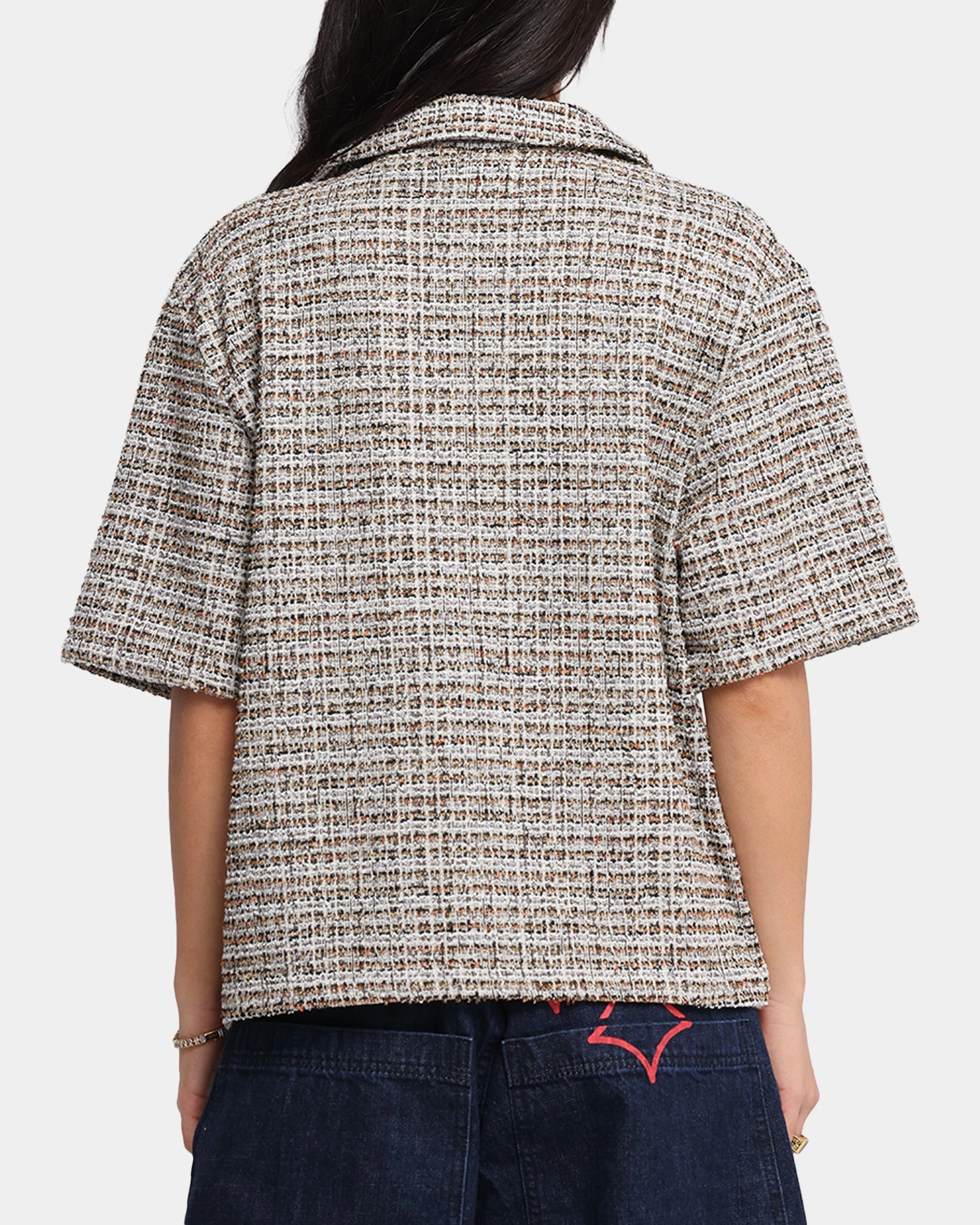 XXIII Boucle Tweed Crop Button Up Shirt Cream/Brown NonScratchSurface Easy Wear