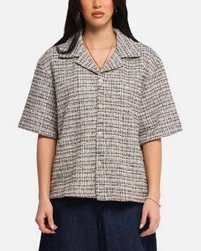 XXIII Boucle Tweed Crop Button Up Shirt Cream/Brown Fashionable Tank