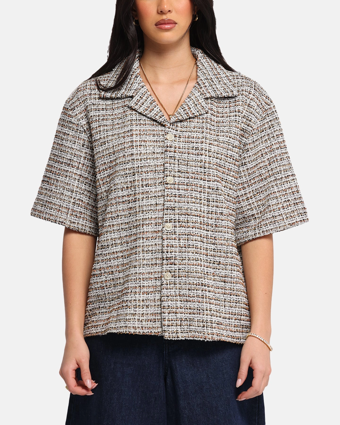 XXIII Boucle Tweed Crop Button Up Shirt Cream/Brown Fashionable Tank