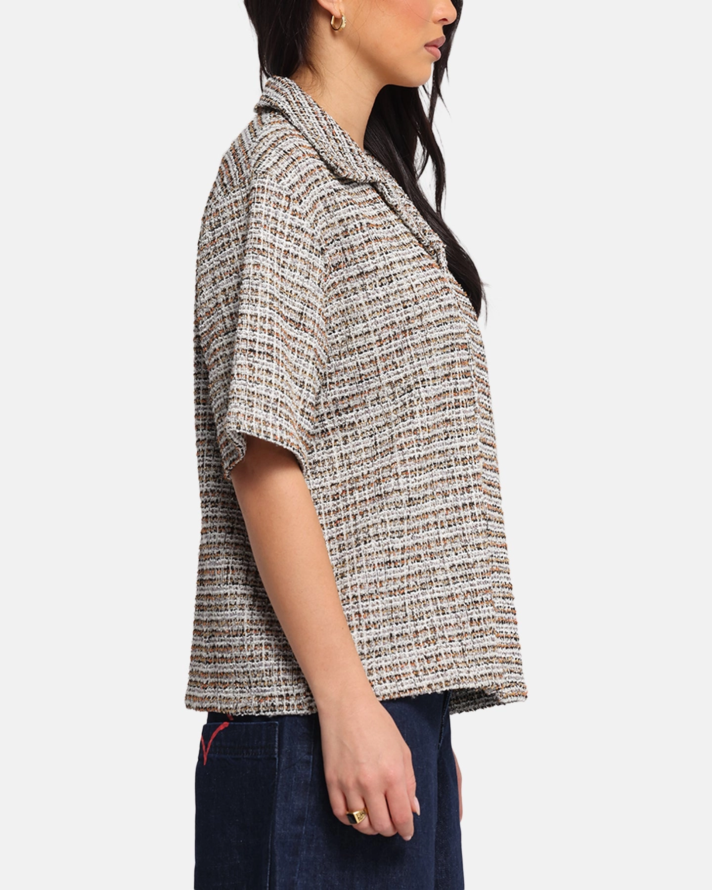 YarnDyedQuality XXIII Boucle Tweed Crop Button Up Shirt Cream/Brown
