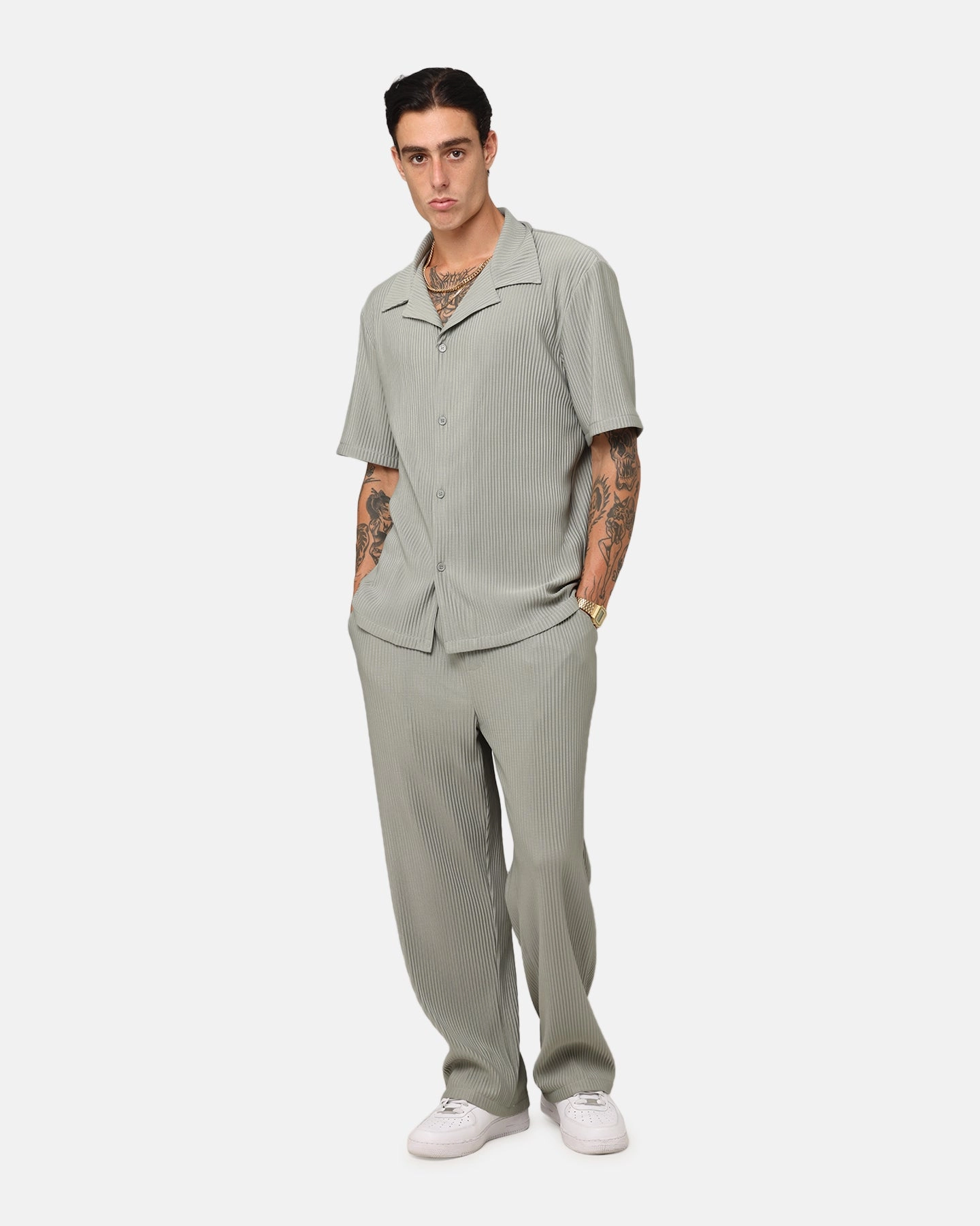 XXIII Pleated Button Up Shirt Olive Ultra Soft Texture