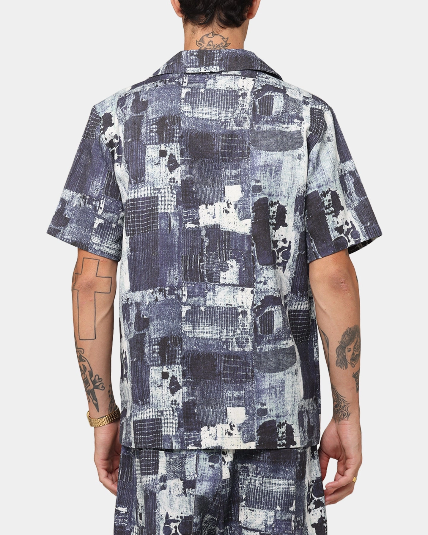 FlatlockStitching Soft Touch XXIII Printed Denim Patch Button Up Shirt Blue