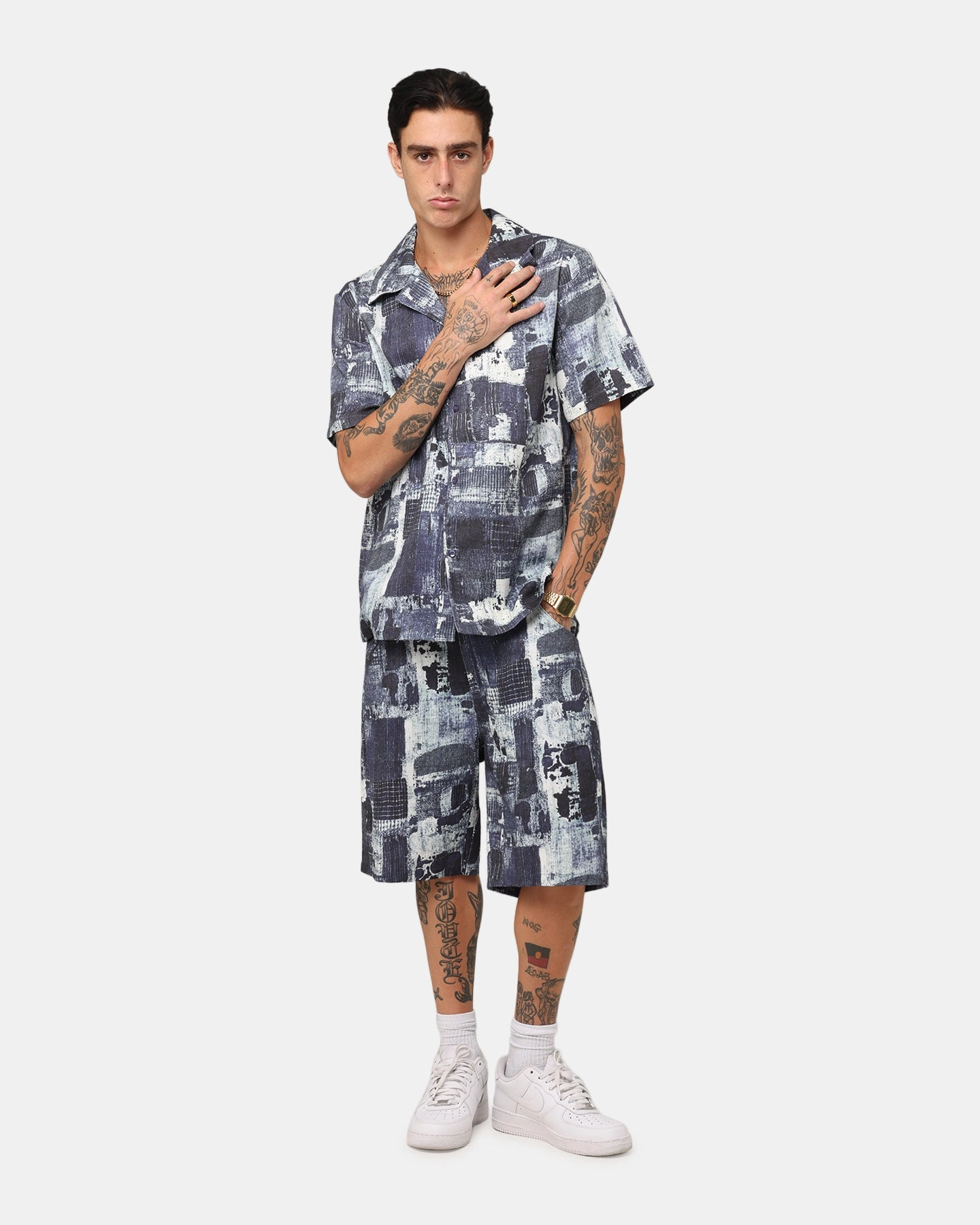 Non Irritating Label XXIII Printed Denim Patch Button Up Shirt Blue